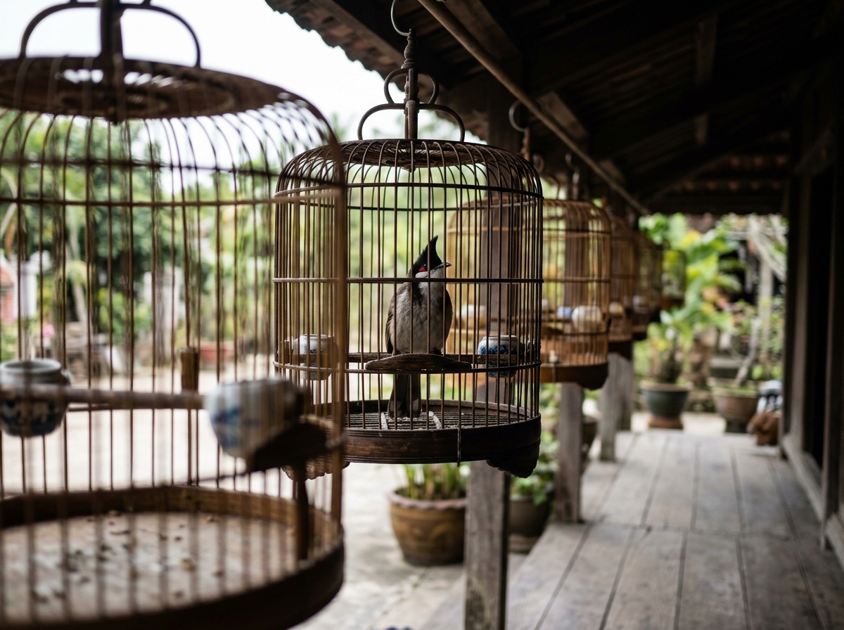 Dãy sáu bảy lồng tre treo san sát dưới mái giàn dợt, lồng giữa khung nét rõ với chào mào đậu im mào cụp quay mặt vào trong
