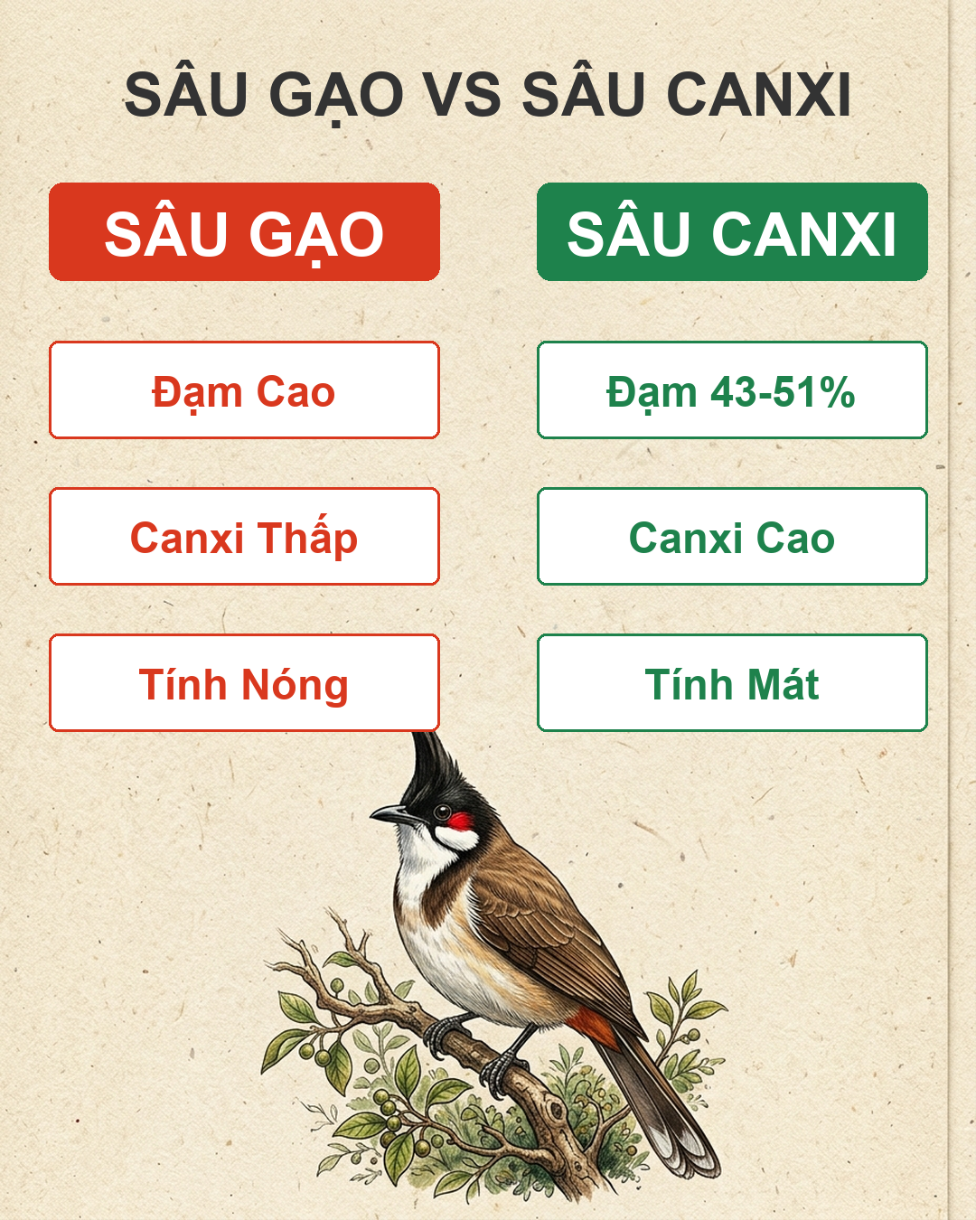 infographic: sâu gạo hay sâu canxi cho chào mào: bảng so sánh và liều dùng đúng mùa