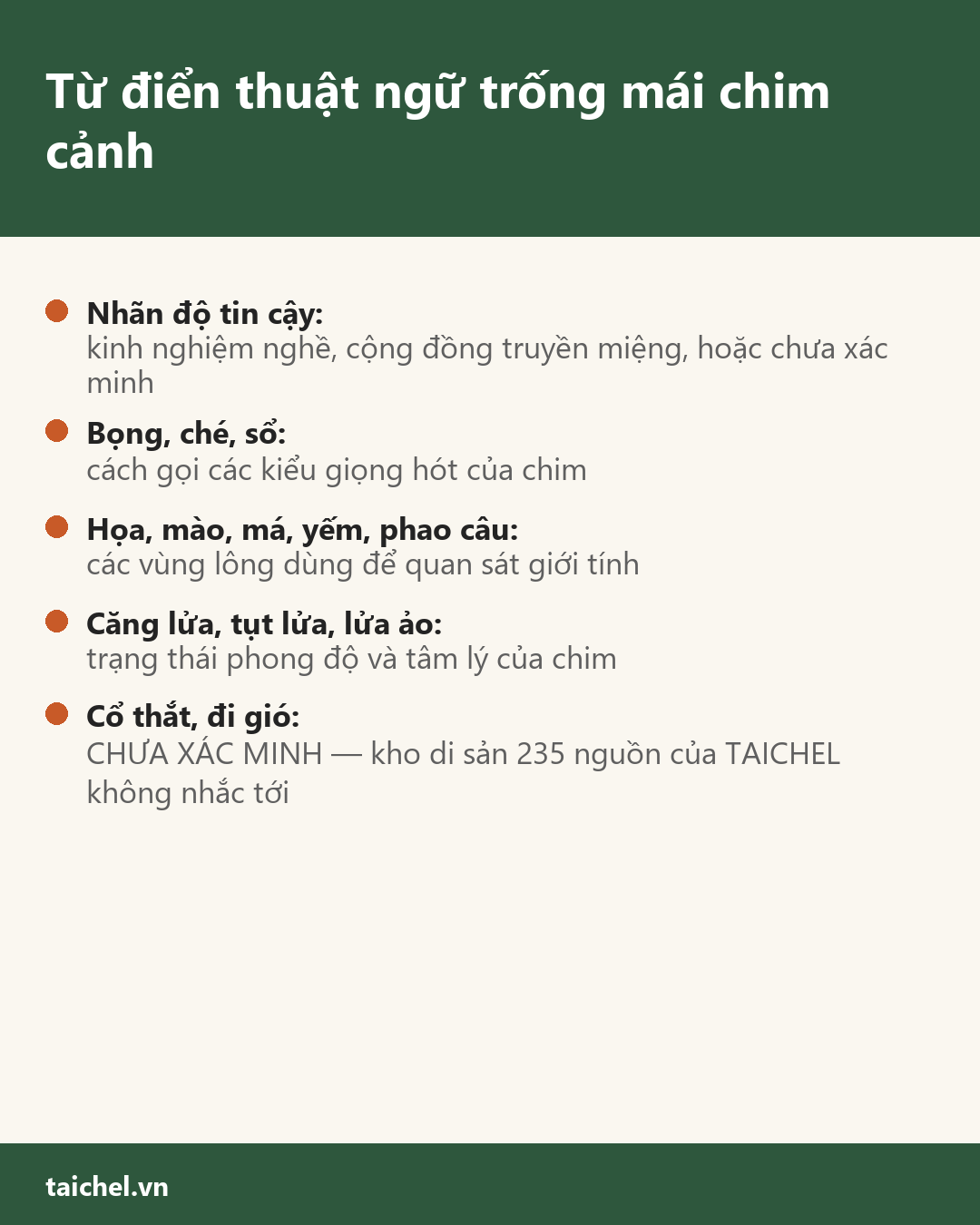Infographic Từ điển thuật ngữ trống mái chim cảnh: 30+ từ, có gắn nhãn độ tin cậy