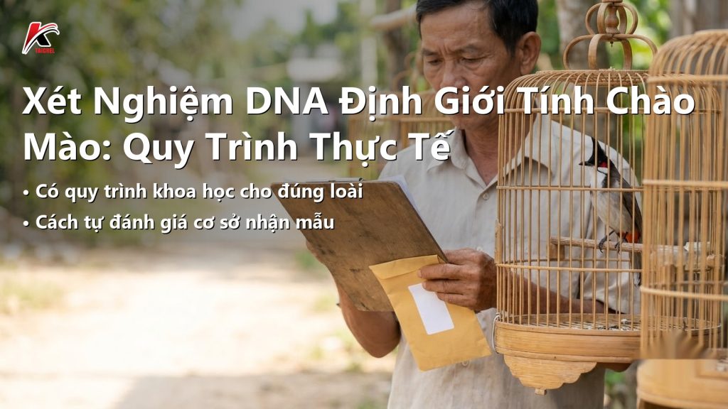 Người nuôi cầm phong bì mẫu đã đóng gói và phiếu giấy bên dãy lồng chào mào, chuẩn bị gửi mẫu xét nghiệm DNA xác định giới tính