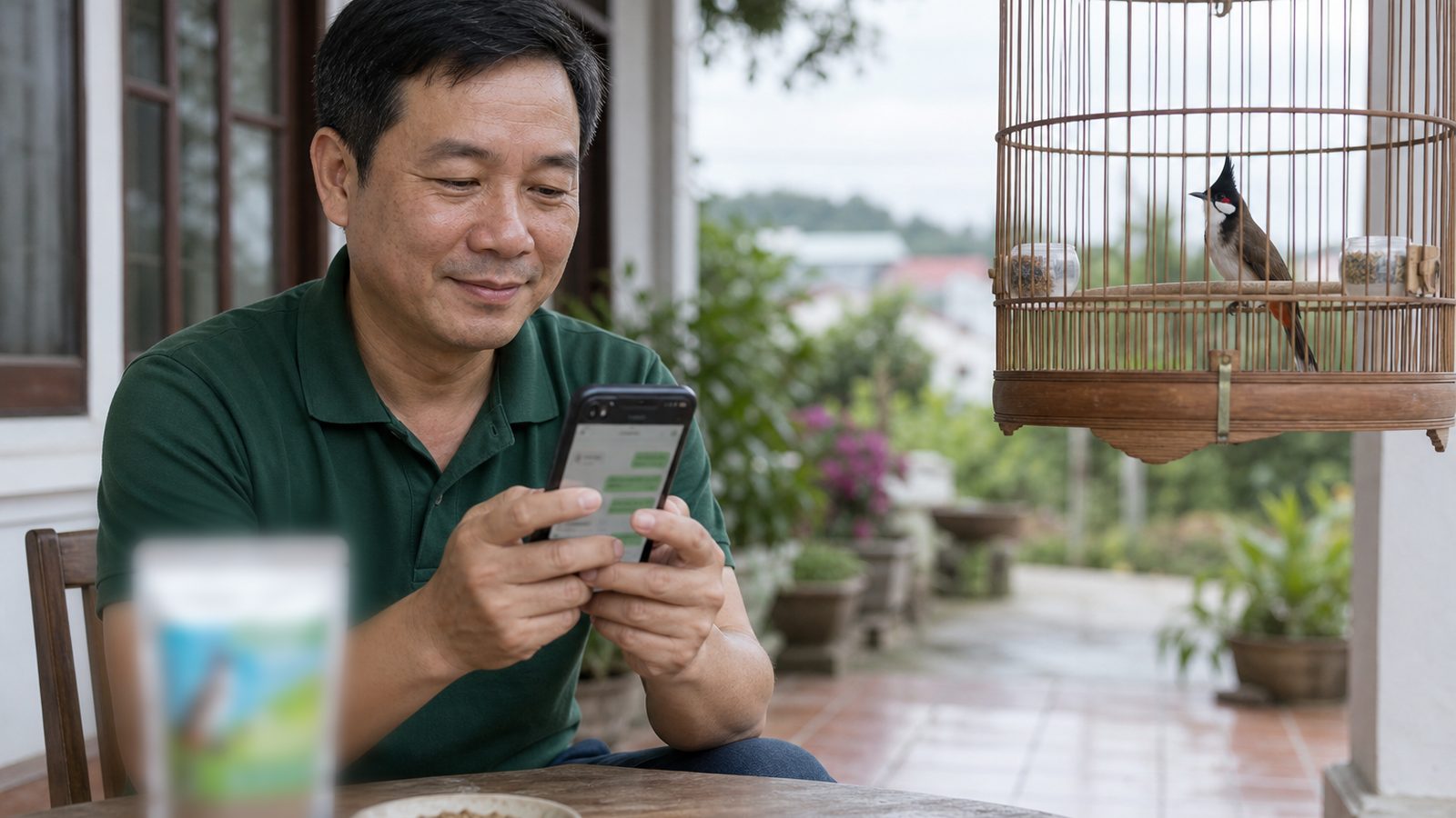 Người nuôi chim Việt cầm điện thoại chat với trợ lý AI, bên cạnh là lồng chào mào và gói cám trên bàn
