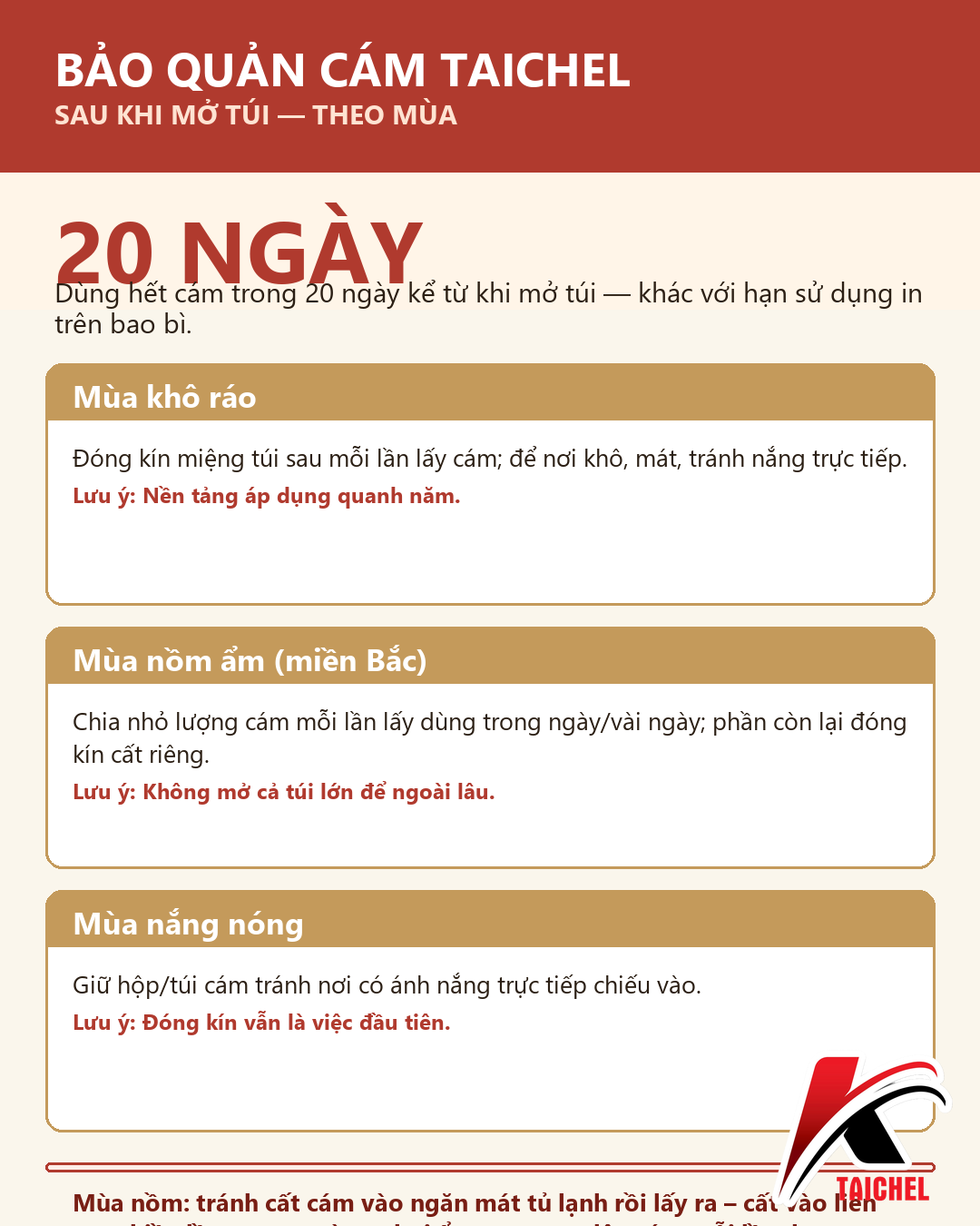 Infographic: Cách Dùng Và Bảo Quản Cám TAICHEL Sau Khi Mở Túi (Kể Cả Mùa Nồm)
