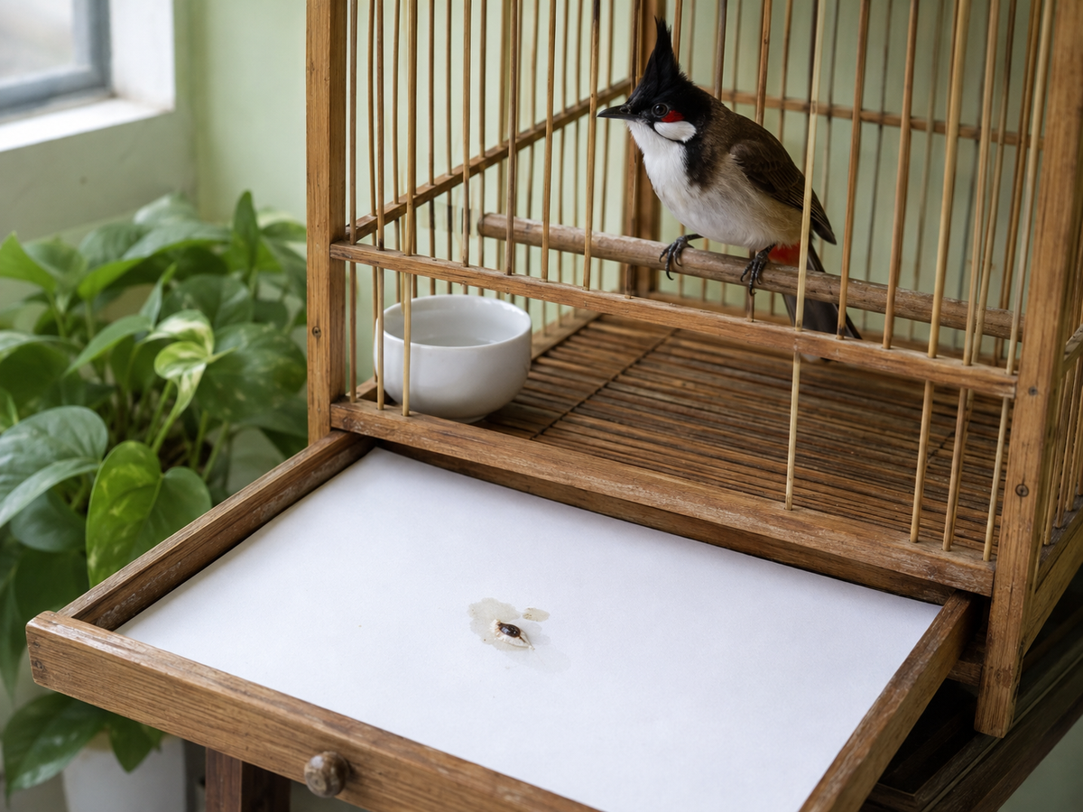 Quan sát bãi phân chim cảnh dưới khay lót lồng để phân biệt phân nhiều nước và tiêu chảy thật