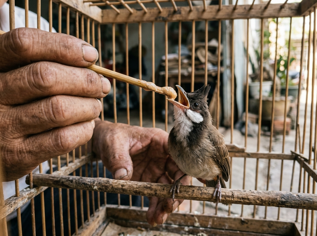 Kỹ thuật bón cám hạt trứng kiến bằng que tre cho chào mào non má trắng