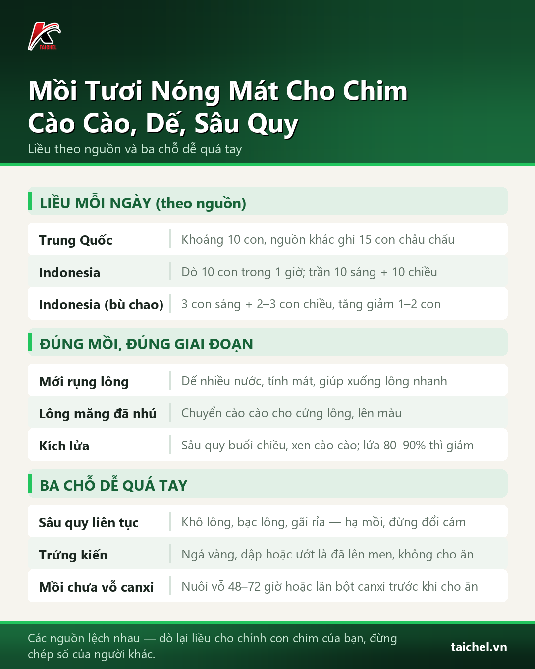 Infographic: Mồi Tươi Nóng Mát Cho Chim: Cào Cào, Dế, Sâu Quy Đúng Lúc