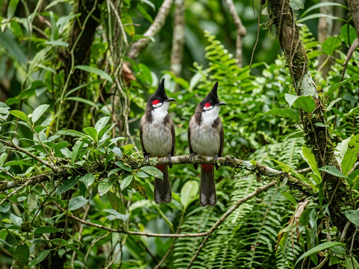 cặp chào mào sinh sản trong aviary nhiều cây xanh